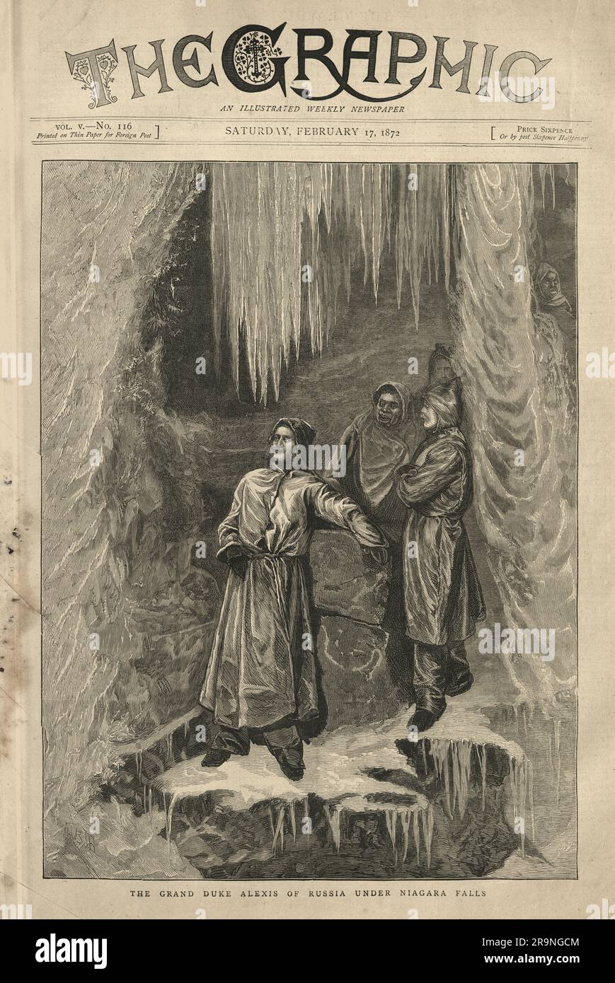 Ancien journal victorien Grand-Duc Alexis de Russie sous Niagara Falls, 1872 Banque D'Images