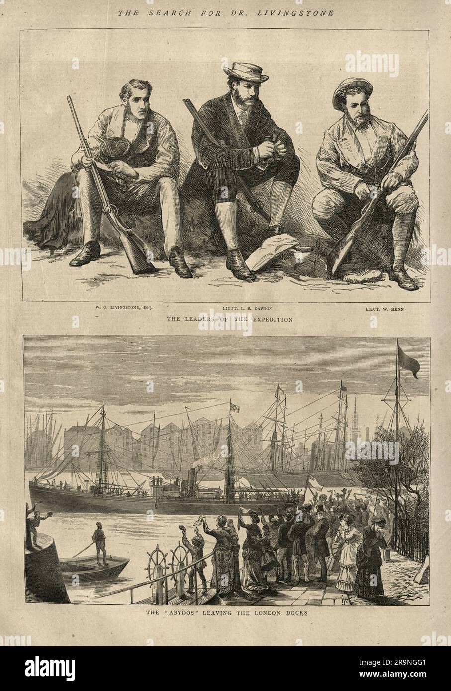 Chefs d'une recherche pour le Dr David Livingstone, W.O. Livingstone, L.S. Dawson et W. Henn, tenant des armes; en bas, les Abydos, le navire sur lequel ils ont navigué vers l'Afrique, quittant Londres. Gravure, 1872 Banque D'Images