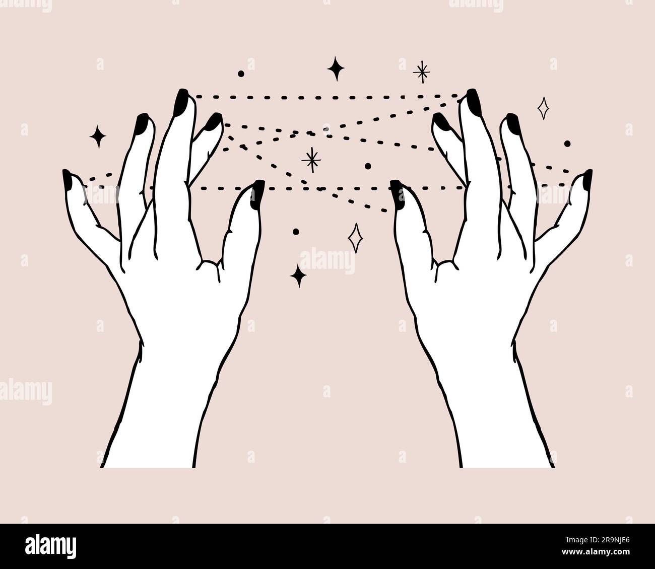 Illustration vectorielle des mains des femmes tenant des étoiles. Style de tatouage de boho linéaire et minimaliste tendance pour logo, emblème, imprimé de mode de t-shirt, autocollants, ski Illustration de Vecteur