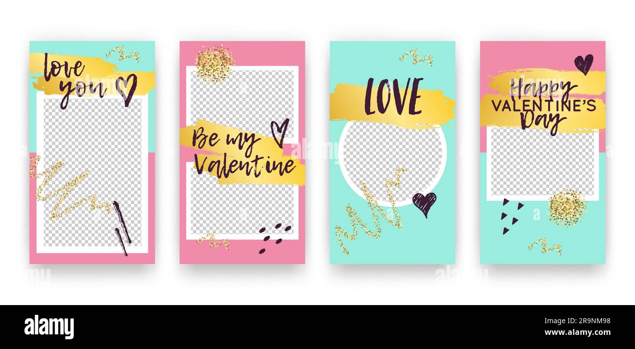 Ensemble vectoriel avec modèles modifiables tendance pour les histoires de réseaux sociaux. Banderoles modernes de la Saint-Valentin avec coeurs et phrases Illustration de Vecteur