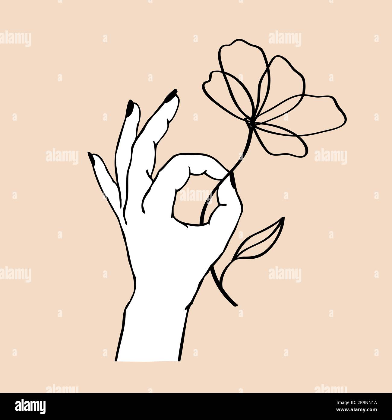 Illustration vectorielle de la main des femmes tenant la fleur. Style de tatouage de boho linéaire et minimaliste tendance pour logo, emblème, imprimé de mode de t-shirt, autocollants, ski Illustration de Vecteur
