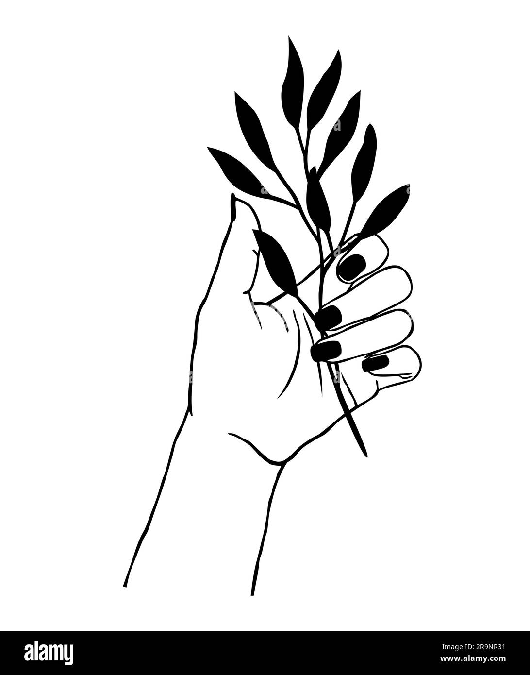 Illustration vectorielle de la plante de main de femme. Style de tatouage de boho linéaire et minimaliste tendance pour logo, emblème, imprimé de mode de t-shirt, autocollants, peau Illustration de Vecteur