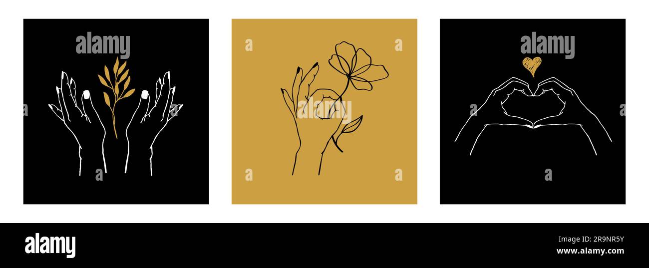 Ensemble vectoriel de mains femelles en différents gestes : tenir la plante, la fleur et faire le coeur des doigts. Cartes-modèles tendance abstraites avec logos ou embl Illustration de Vecteur