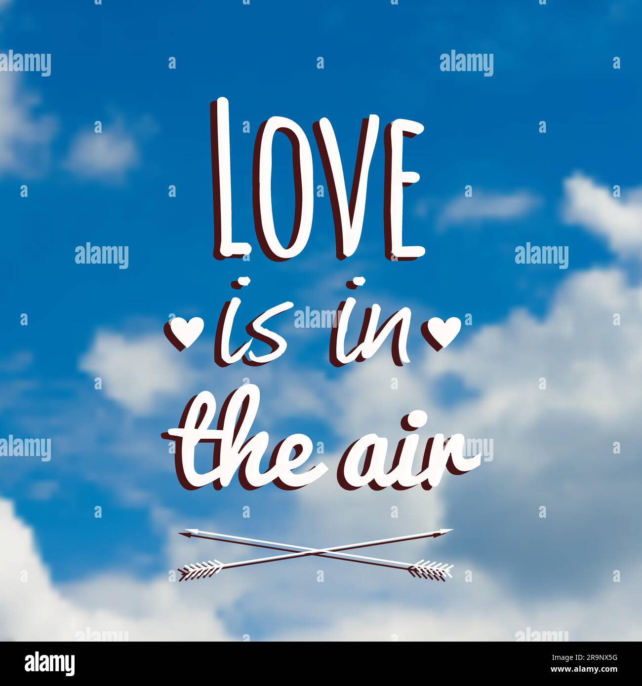 Illustration vectorielle floue avec nuages, ciel bleu et texte « l'amour est dans l'air » Illustration de Vecteur