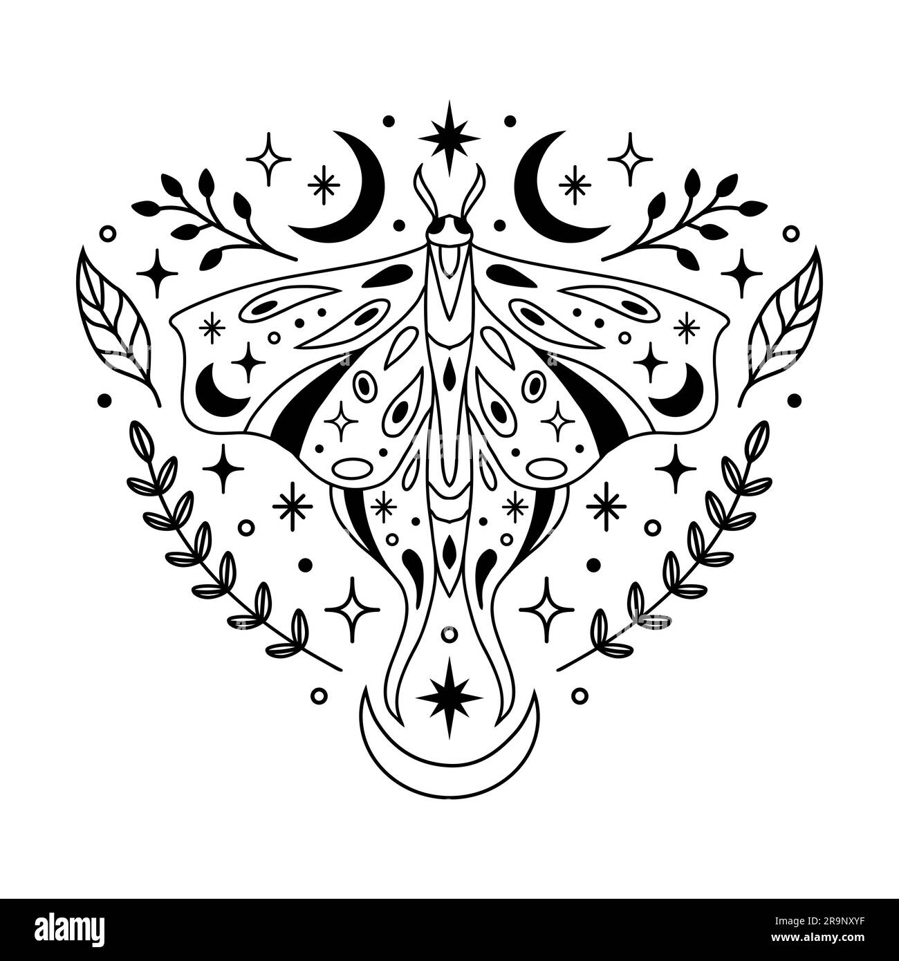 Illustration magique vectorielle abstraite avec papillon céleste, lune, étoiles et fleurs isolées sur fond blanc. Boho symbole papillon ésotérique tendance pour Illustration de Vecteur