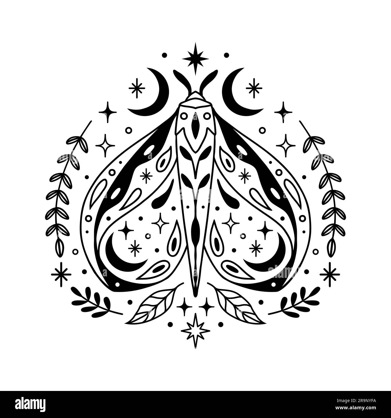 Illustration magique vectorielle abstraite avec papillon céleste, lune, étoiles et fleurs isolées sur fond blanc. Boho symbole papillon ésotérique tendance pour Illustration de Vecteur