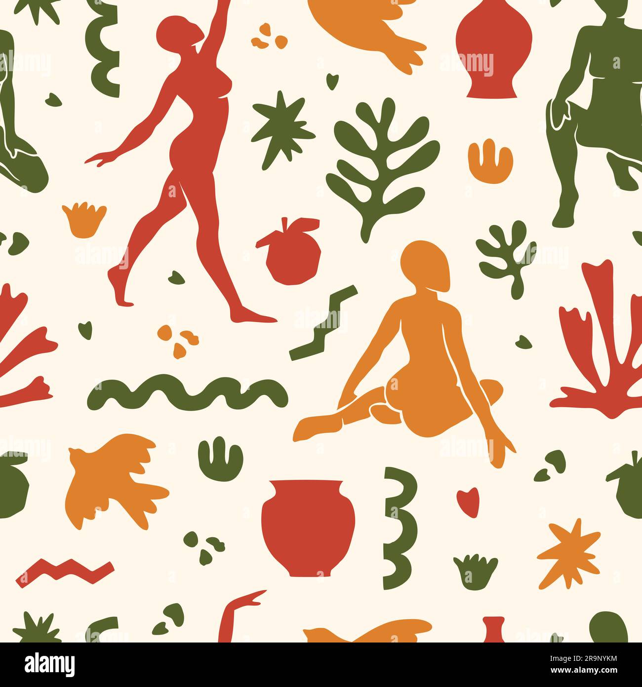 Motif vectoriel sans coutures avec éléments esthétiques tendance inspirés par un style minimaliste moderne. Formes géométriques, fleurs, plantes, figures femelles pour Illustration de Vecteur