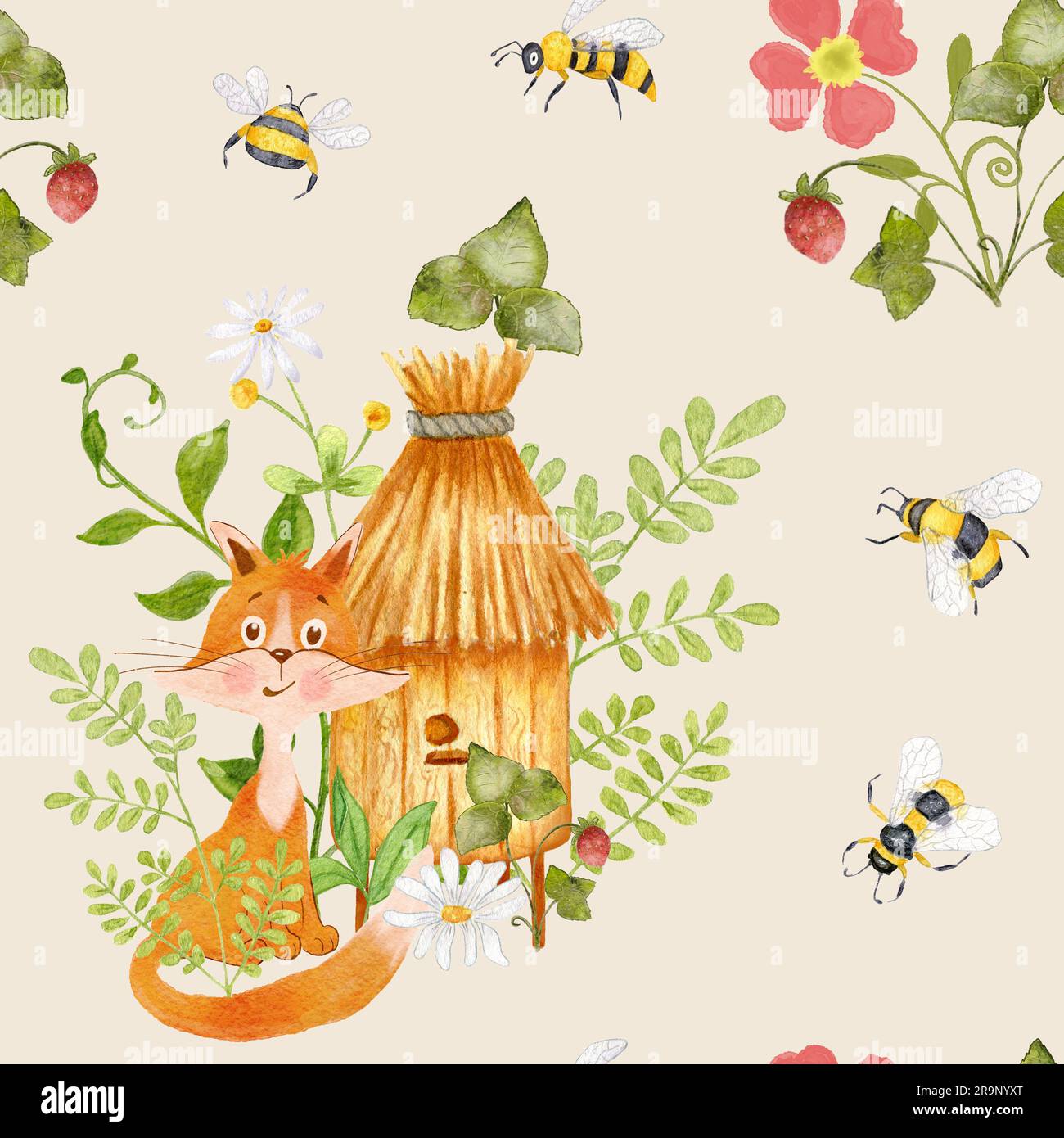 Un renard près d'une ruche avec des fleurs. Motif aquarelle sans coutures avec abeilles et renard. Design pour enfants. L'illustration est dessinée à la main. Banque D'Images