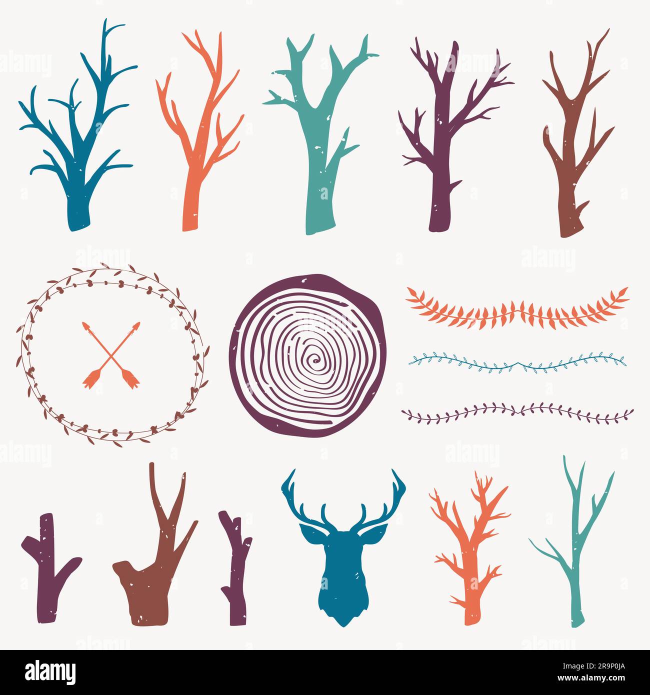 Ensemble graphique vectoriel coloré avec éléments de conception forestière. Branches, anneaux d'arbres, séparateurs de feuilles. Style tribal et boho. Design rustique. Illustration de Vecteur