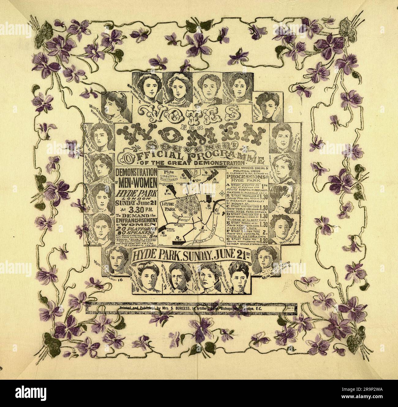 Le programme officiel de la manifestation du suffrage des femmes, qui s'est tenue à Hyde Park, représente une carte montrant l'itinéraire des sept processions et le placement des vingt podiums sur lesquels les suffragettes, représentées dans les portraits environnants, déclament leurs discours. 21 juin 1908 Banque D'Images