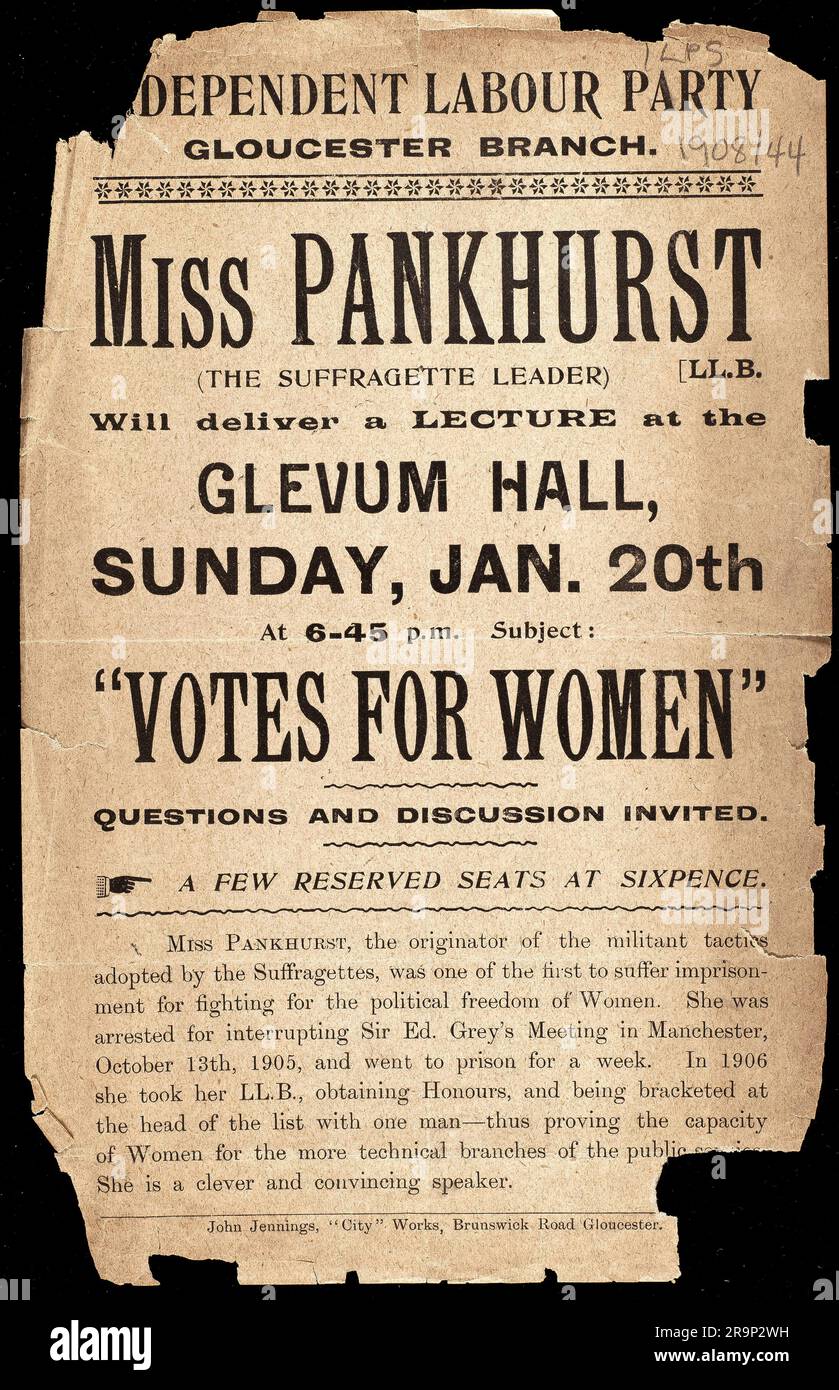 Une affiche annonçant un discours d'Emmeline Pankhurst au Glevum Hall de Gloucester Banque D'Images