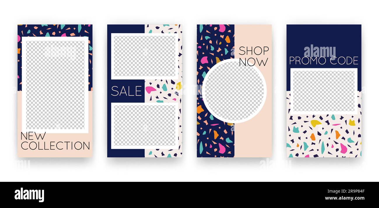 Ensemble vectoriel avec modèles d'histoires de médias sociaux avec des formes de collage en terrazzo tendance. Arrière-plans tendance avec textures de pierre pour flyers, cartes, brochures Illustration de Vecteur