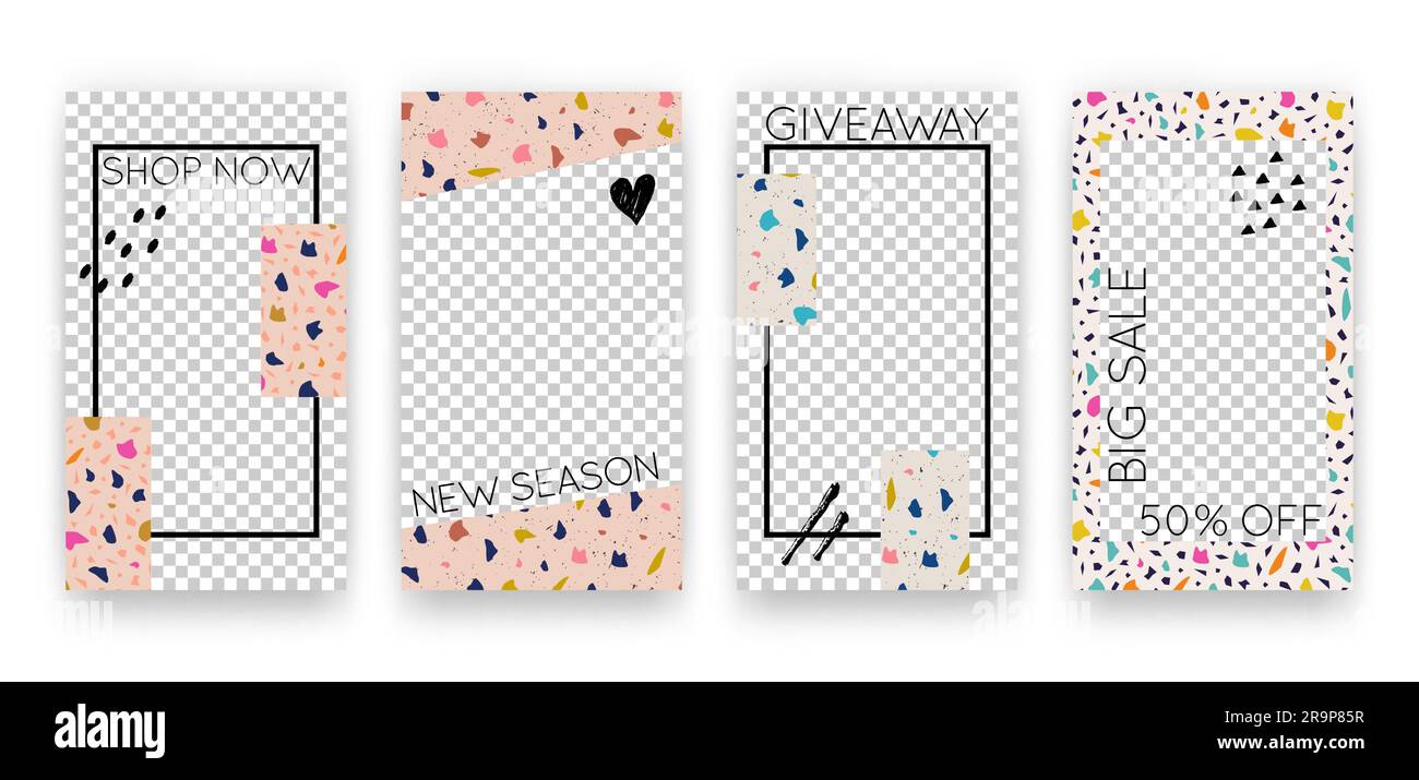 Ensemble vectoriel avec modèles d'histoires de médias sociaux avec des formes de collage en terrazzo tendance. Arrière-plans tendance avec textures de pierre pour flyers, cartes, brochures Illustration de Vecteur