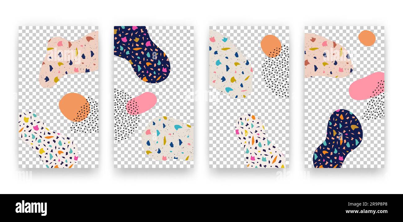 Ensemble vectoriel avec modèles d'histoires de médias sociaux avec des formes de collage en terrazzo tendance. Arrière-plans tendance avec textures de pierre pour flyers, cartes, brochures Illustration de Vecteur