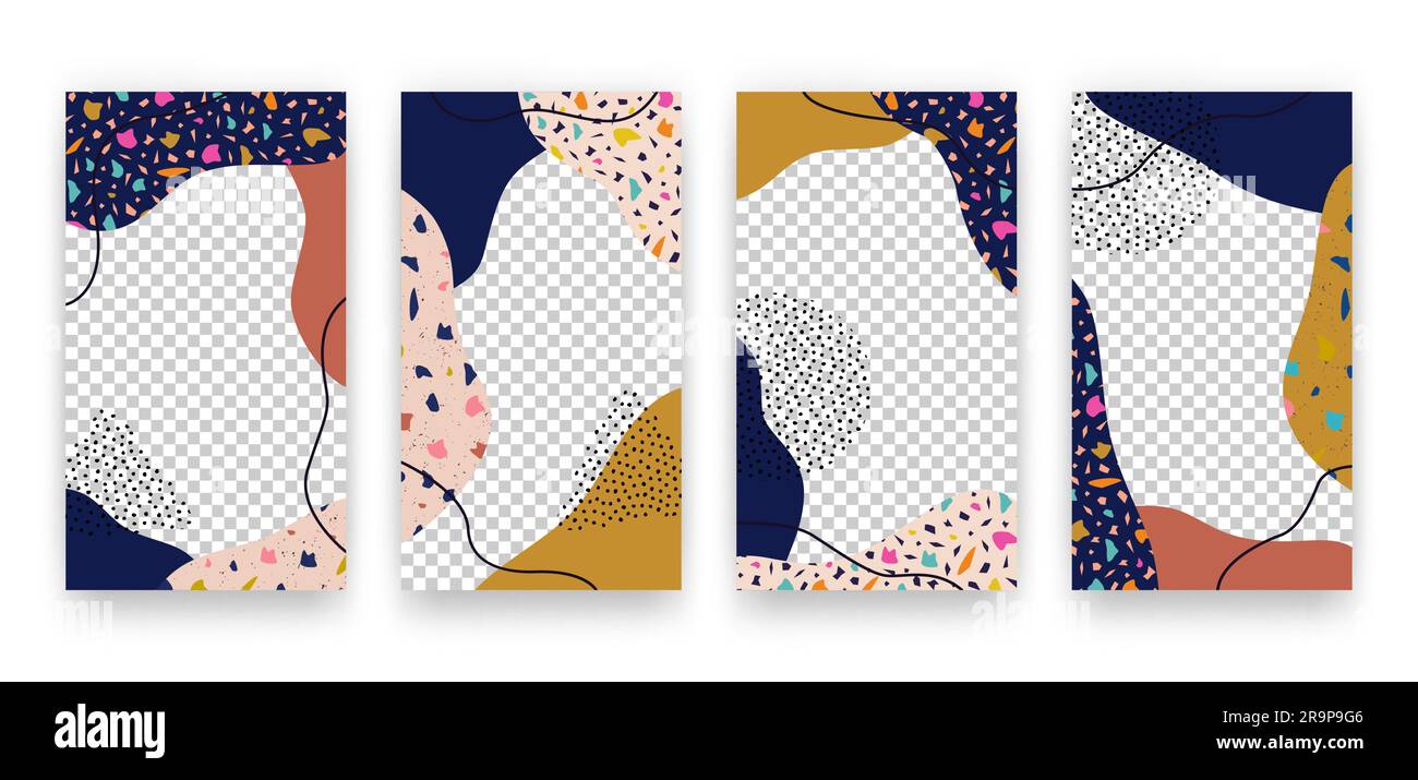 Ensemble vectoriel avec modèles d'histoires de médias sociaux avec des formes de collage en terrazzo tendance. Arrière-plans tendance avec textures de pierre pour flyers, cartes, brochures Illustration de Vecteur