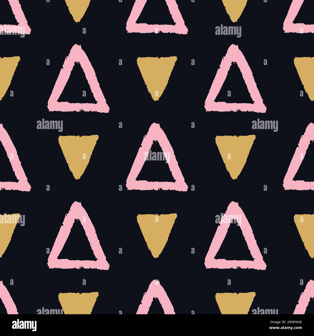 Motif vectoriel abstrait grunge sans couture avec triangles roses et dorés. Fond scandinave moderne, imprimé mode. Illustration de Vecteur