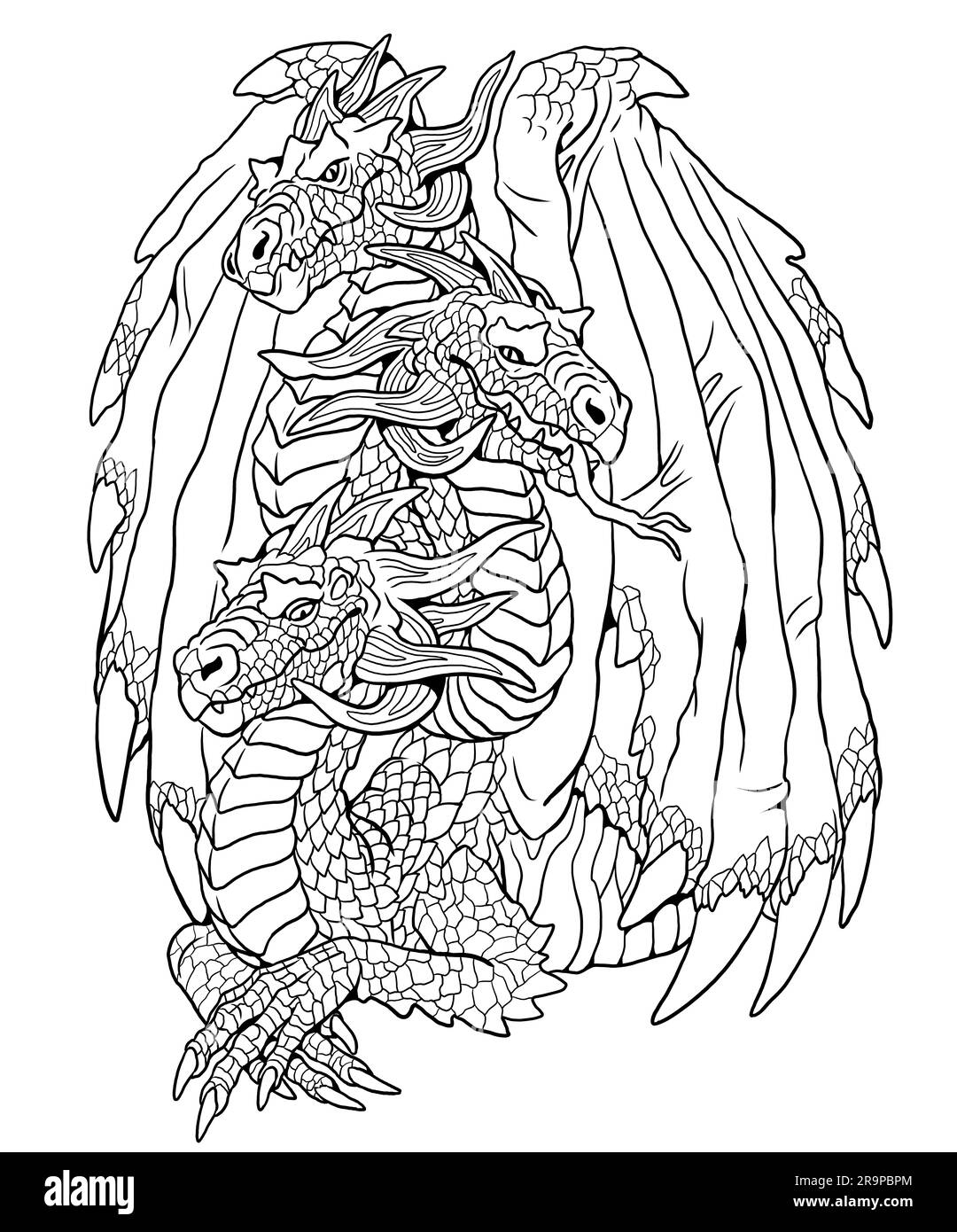 Page de coloriage Dragon à trois têtes. Illustration fantastique avec créature mythique. Feuille de coloriage de dessin. Banque D'Images
