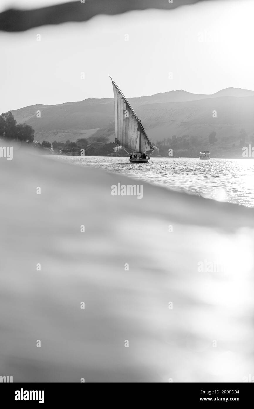 Felucca Voiliers sur le Nil au coucher du soleil en noir et blanc Banque D'Images