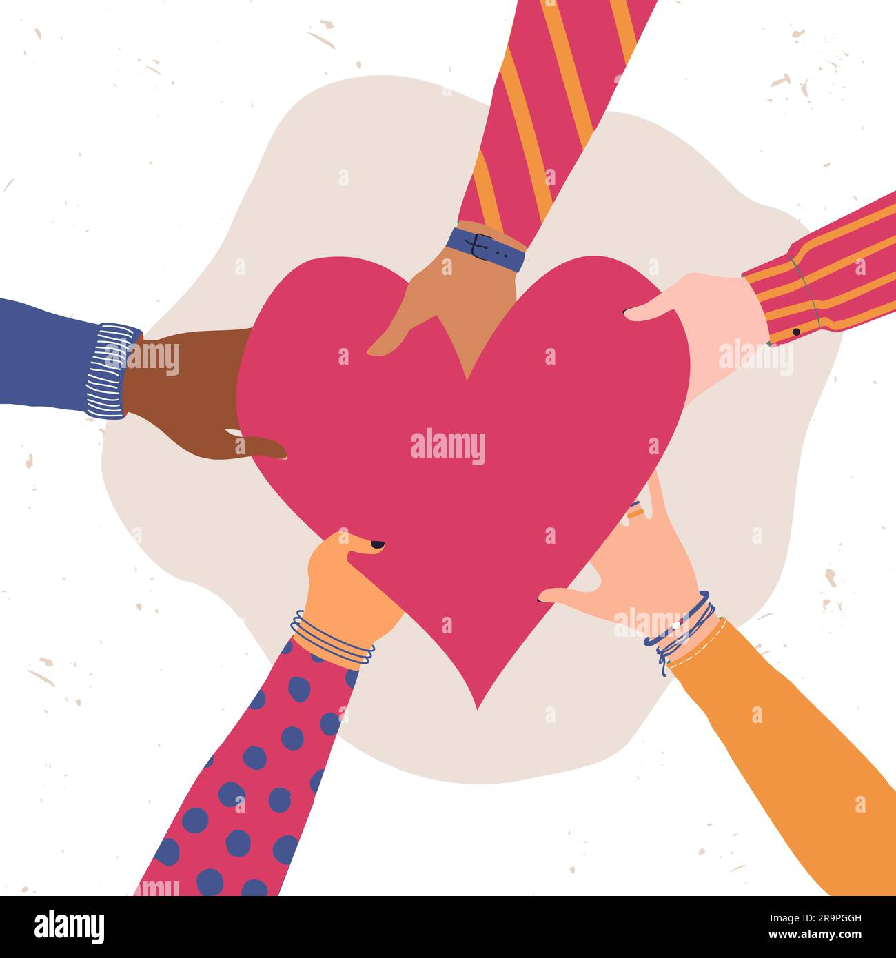 Illustration tendance Vector avec différentes mains tenant le cœur. Concept de donner et de partager l'amour aux gens, le bénévolat, la charité, la coopération Illustration de Vecteur