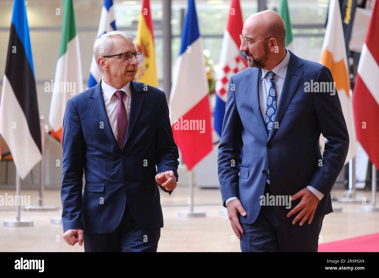 Bruxelles, Belgique. 28th juin 2023. Bruxelles, Belgique, 28 juin 2023. Le président du Conseil de l'UE, Charles Michel, accueille le Premier ministre bulgare, Nikolay Denkov, au siège de l'UE à Bruxelles, en Belgique, à propos de 28 juin 2023. Crédit: ALEXANDROS MICHAILIDIS/Alamy Live News Banque D'Images