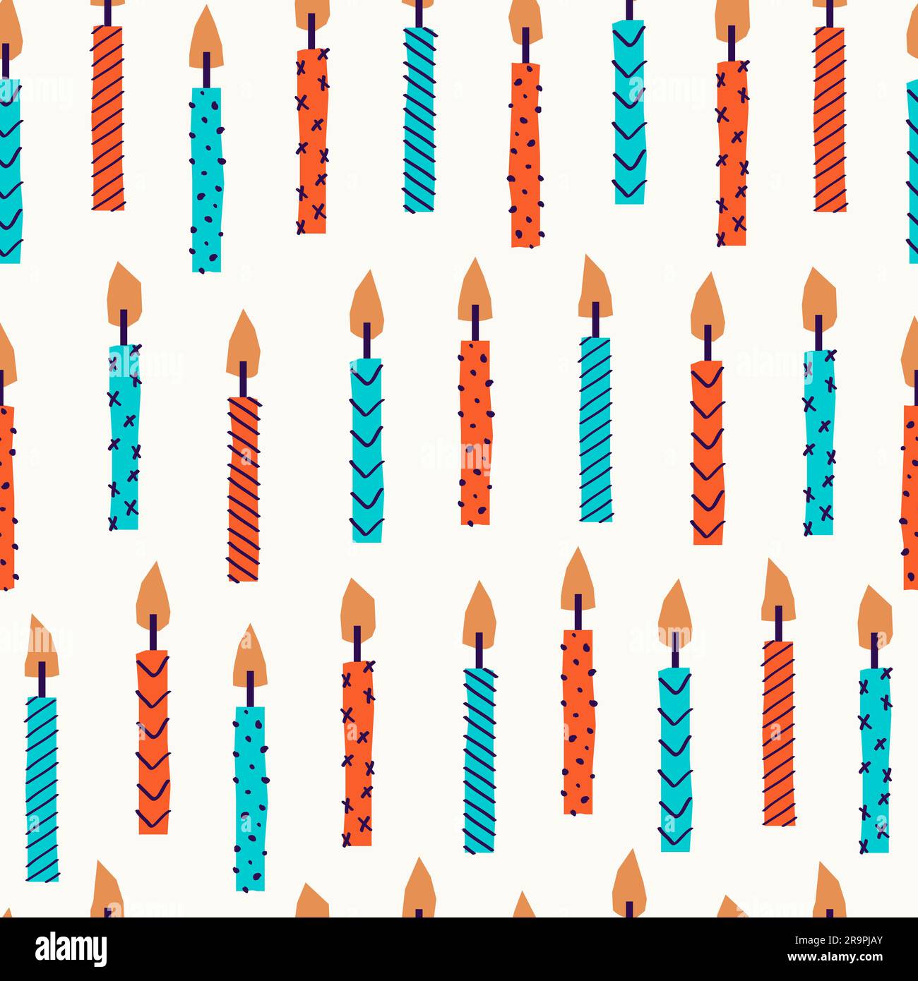 Motif vectoriel sans couture de bougies de gâteau d'anniversaire avec lignes et points ornement. Célébration, carte postale de vœux en toile de fond, papier cadeau de fête pour l'avant-saison Illustration de Vecteur
