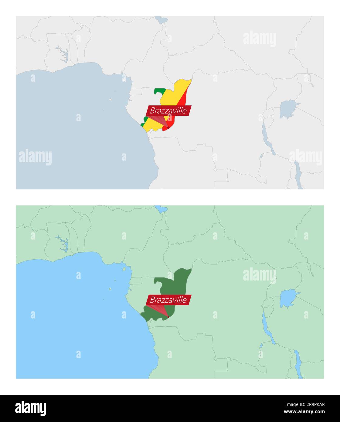 Carte du Congo avec broche de la capitale du pays. Deux types de carte du Congo avec les pays voisins. Modèle vectoriel. Illustration de Vecteur
