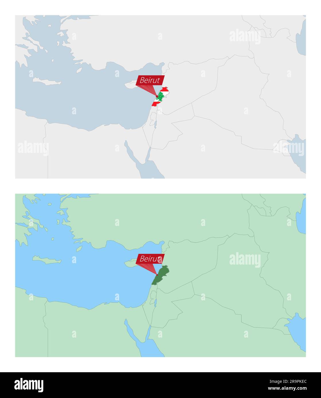 Carte du Liban avec broche de la capitale du pays. Deux types de carte du Liban avec les pays voisins. Modèle vectoriel. Illustration de Vecteur
