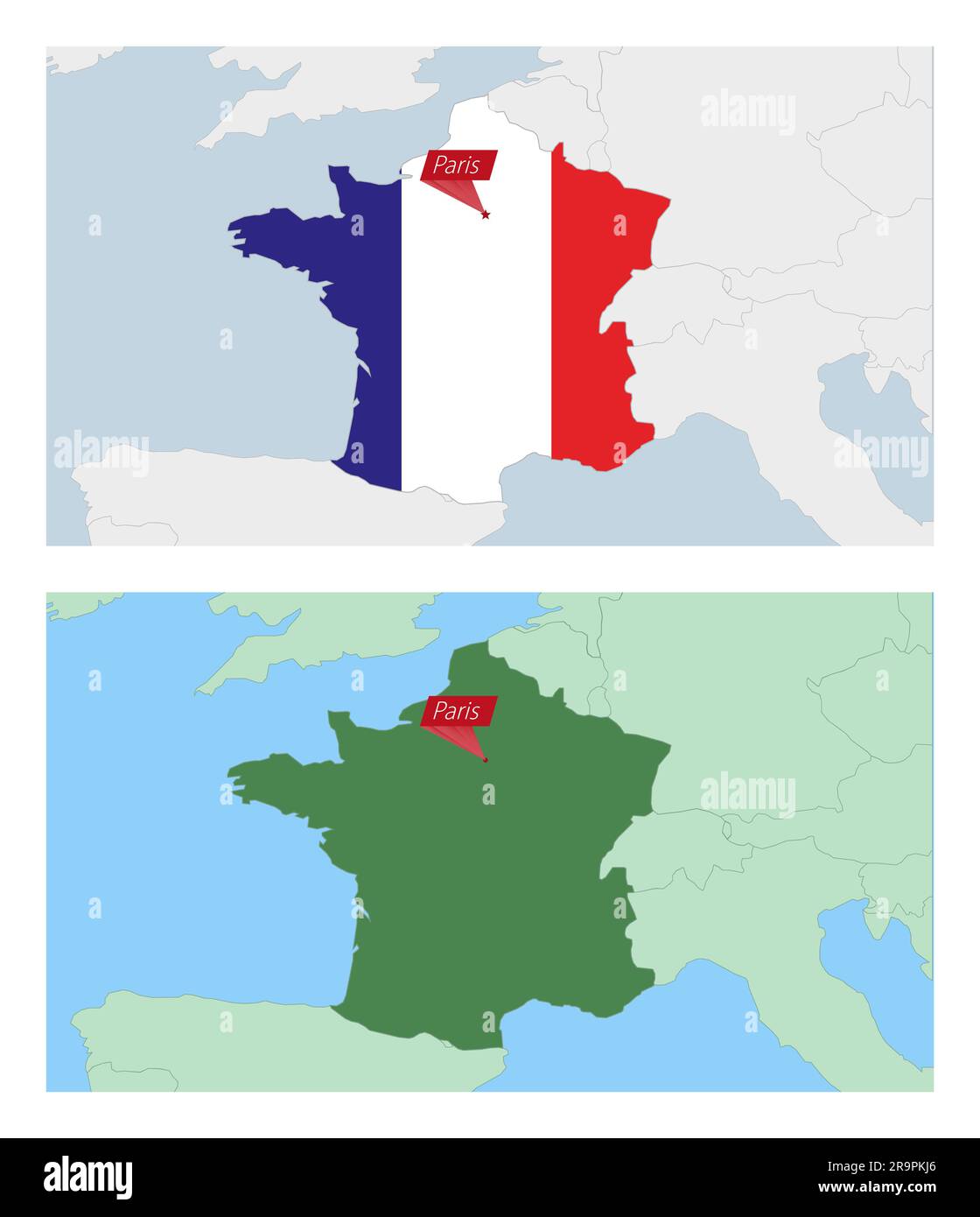 Carte de la France avec PIN de la capitale du pays. Deux types de carte de France avec les pays voisins. Modèle vectoriel. Illustration de Vecteur