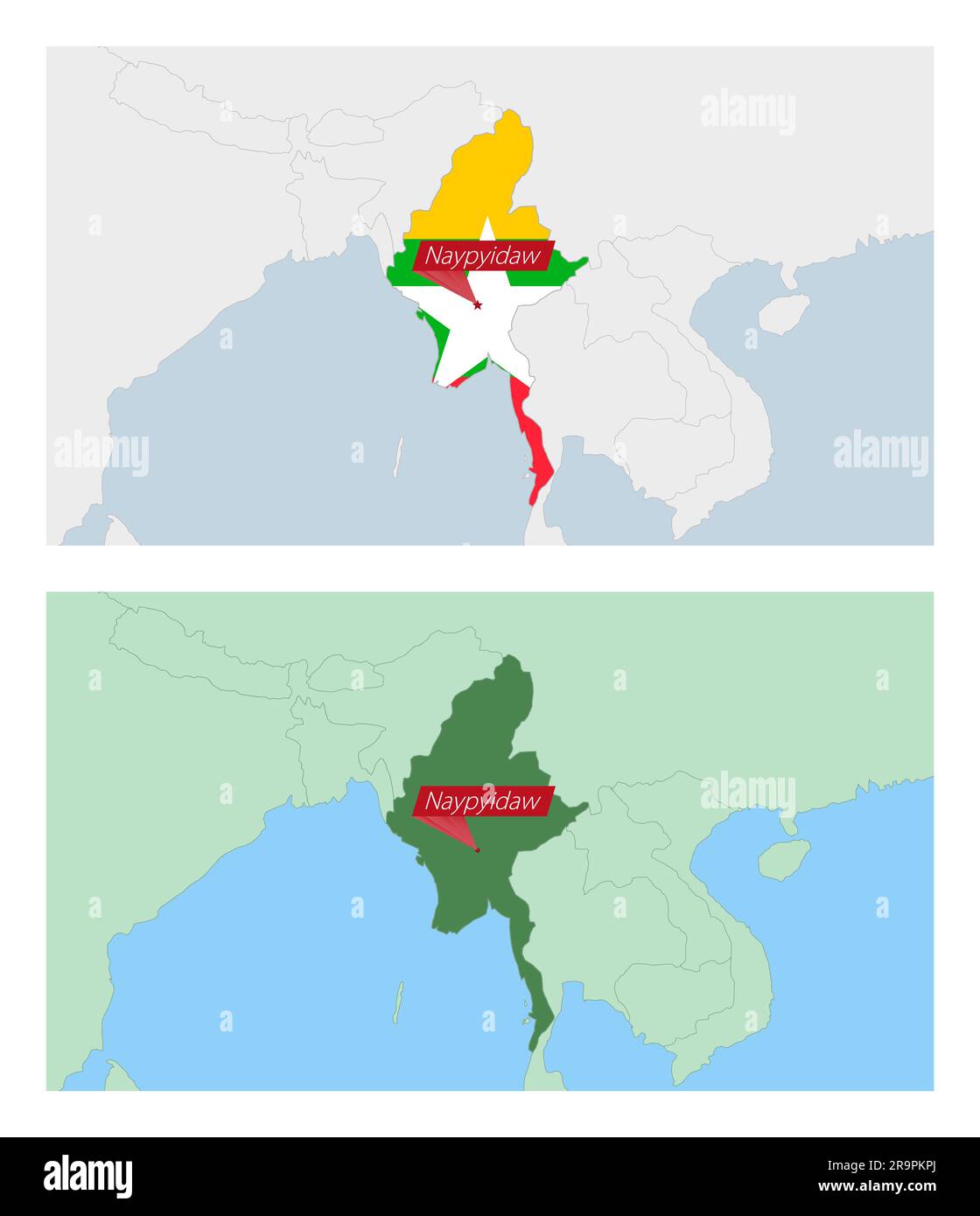 Carte du Myanmar avec broche de la capitale du pays. Deux types de carte du Myanmar avec les pays voisins. Modèle vectoriel. Illustration de Vecteur