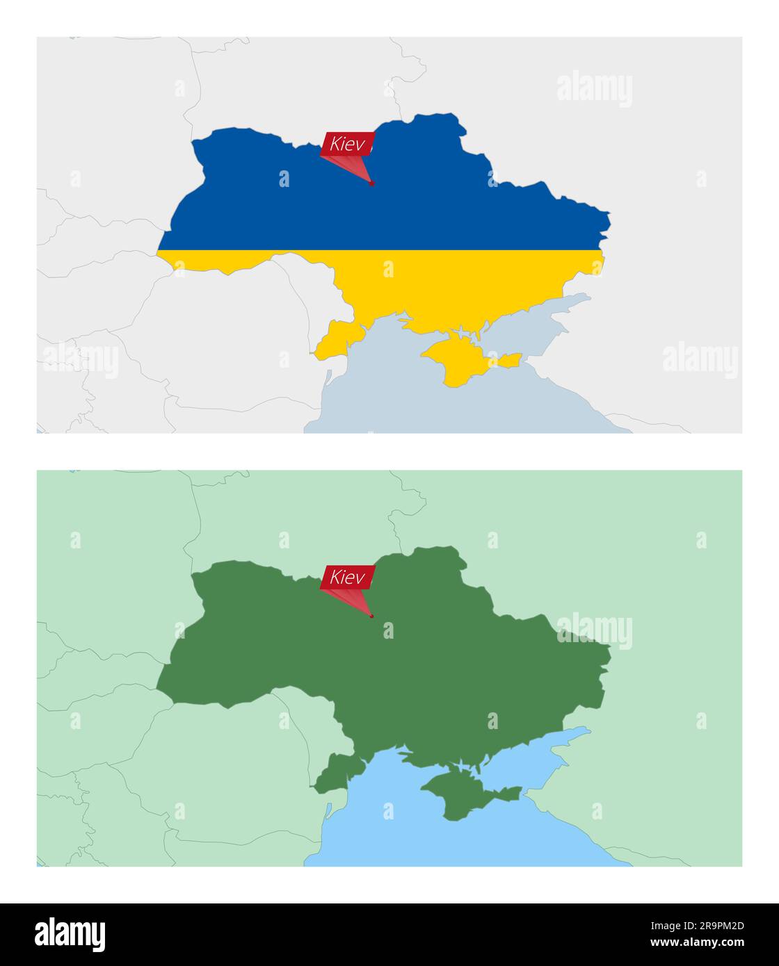 Carte de l'Ukraine avec PIN de la capitale du pays. Deux types de carte de l'Ukraine avec les pays voisins. Modèle vectoriel. Illustration de Vecteur