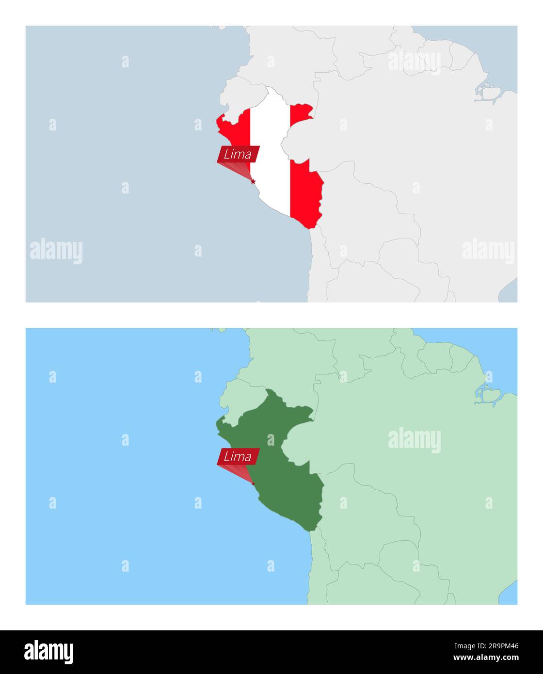 Carte du Pérou avec PIN de la capitale du pays. Deux types de carte du Pérou avec les pays voisins. Modèle vectoriel. Illustration de Vecteur