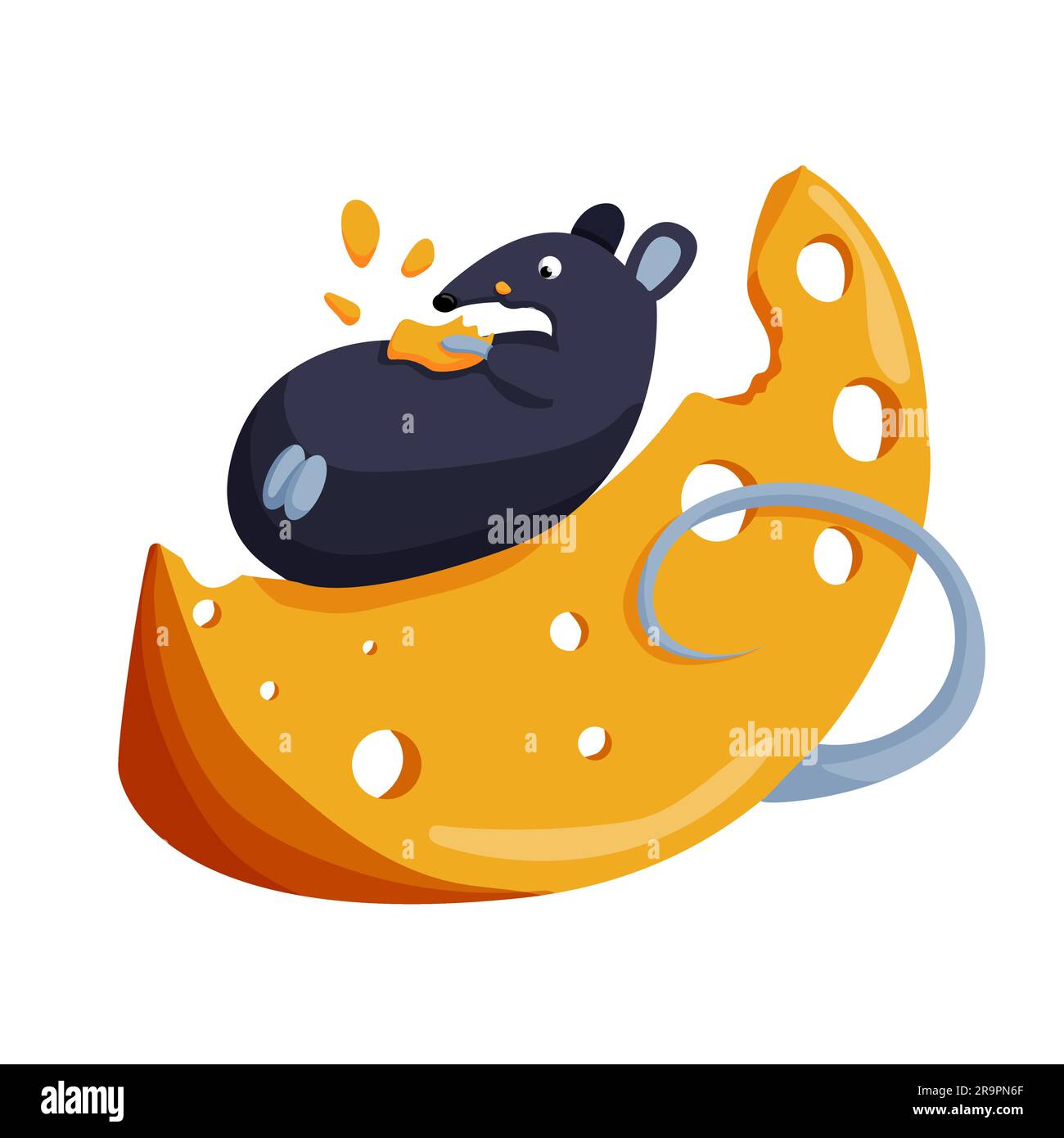 Souris d'Halloween avec un morceau de fromage. La souris repose sur le fromage. Illustration de dessin animé vectoriel isolée sur fond blanc. Illustration de Vecteur