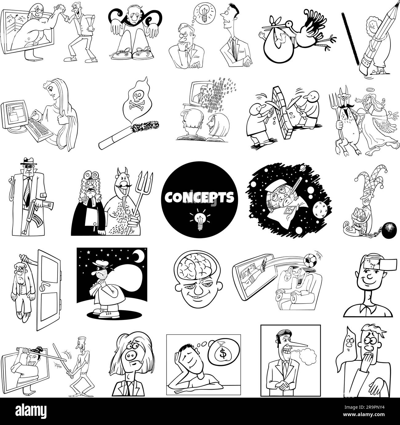 Ensemble d'ilustration noir et blanc de concepts humoristiques de dessins animés ou de métaphores et d'idées avec des personnages comiques Illustration de Vecteur