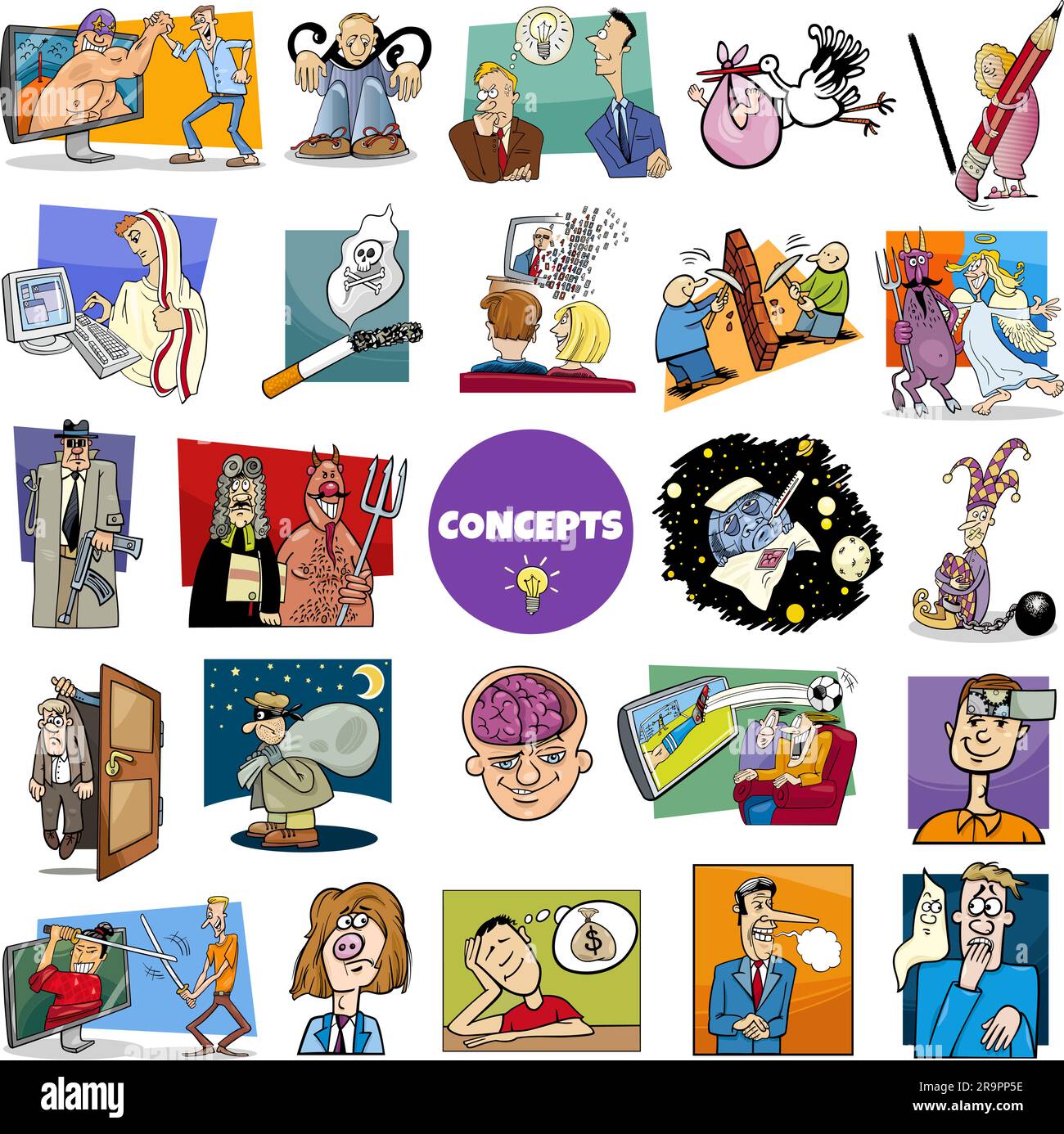 Illustration grand ensemble de concepts humoristiques de dessin animé ou métaphores et idées avec des personnages de bande dessinée Illustration de Vecteur