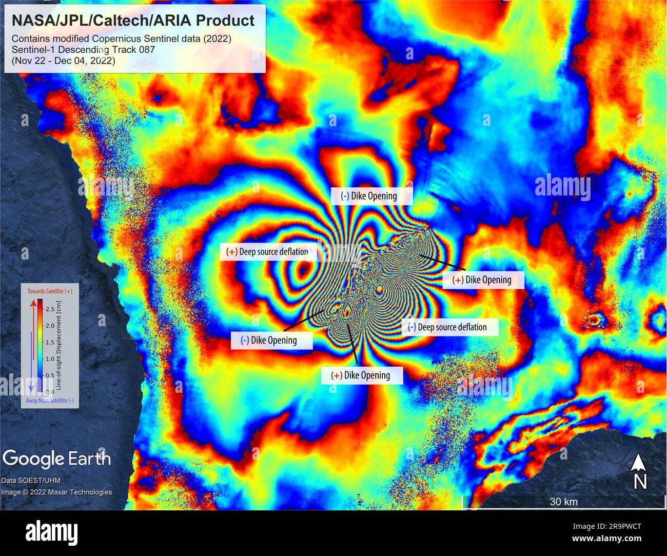 Les données satellite montrent le mouvement au sol de l'éruption du volcan Mauna Loa. Le 27 novembre 2022, Mauna Loa, le plus grand volcan actif de la Terre, a commencé à éclater depuis la caldeira au sommet à l'intérieur du parc national des volcans d'Hawaï. Des scientifiques du projet Advanced Rapid Imaging and Analysis (ARIA), une collaboration entre le Jet propulsion Laboratory de la NASA et le California Institute of Technology, Qui gère JPL pour l'agence, a analysé les images radar à ouverture synthétique des satellites Copernic Sentinel-1 exploités par l'ESA (Agence spatiale européenne) pour calculer une carte du mouvement terrestre en conséquence o Banque D'Images
