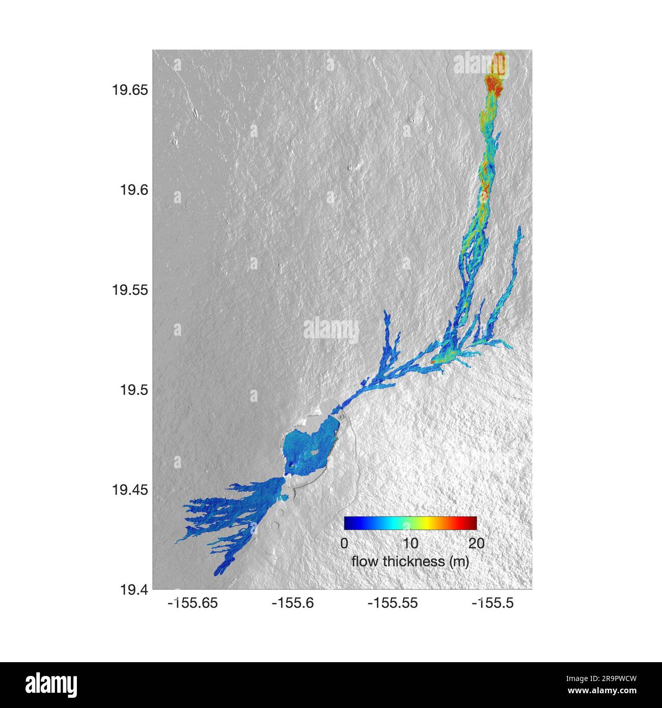 Cartes radar aéroportées de la NASA Mauna Loa Lava change à Hawaï. Le plus grand volcan actif au monde, Mauna Loa d'Hawaï, était calme depuis 38 ans. Mais en 2022, le volcan a commencé à remuer, montrant un nombre accru de petits tremblements de terre et un gonflement subtil de certaines surfaces terrestres en septembre. Sur 27 novembre, des fontaines de lave ont commencé à jaillir de la zone de rift nord-est de la montagne et des ruisseaux de roche en fusion ont coulé au nord. Dix jours après l'éruption, un avion de la NASA a effectué son premier vol au-dessus du volcan en éruption. Il portait le radar à ouverture synthétique de véhicule aérien inhabité de la NASA (UA Banque D'Images