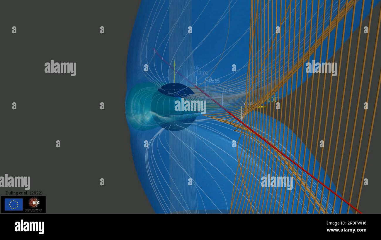 La mission Juno de la NASA explore la connexion magnétique entre Jupiter et Ganymede. Cette animation illustre comment le champ magnétique entourant la lune de Jupiter Ganymede (représenté par les lignes bleues) interagit avec et perturbe le champ magnétique entourant Jupiter (représenté par les lignes orange). Au cours de l'approche rapprochée de Ganymede de de juin 2021 par le satellite Juno de la NASA, les instruments du champ magnétique (MAG) et de l'expérience de distribution d'aurorale de Jovian (JADE) à bord du vaisseau spatial ont enregistré des données montrant la rupture et le reformage des connexions du champ magnétique entre Jupiter et G. Banque D'Images