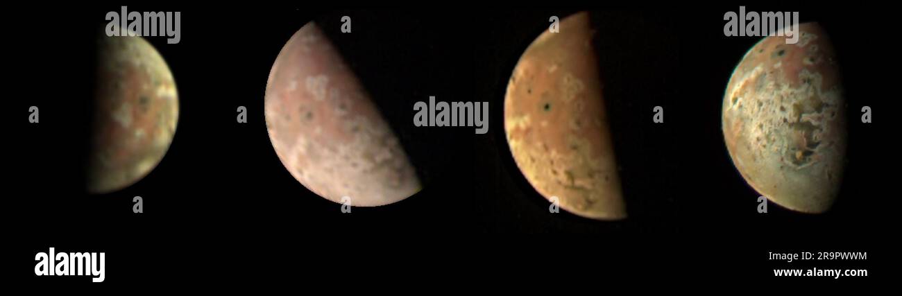 4 JunoCam vues de Jovian Moon IO. Cette image composite de l'IO de la lune de Jovian a été générée à l'aide de données recueillies par l'imageur JunoCam à bord de l'engin spatial Juno de la NASA au cours de quatre flybys distincts. La résolution des images s'améliore progressivement à mesure que la distance entre l'engin spatial et la lune diminue à chaque survol. L'image de la lune à l'extrême gauche a une résolution de 44 miles (71 kilomètres) par pixel. Il a été pris sur 9 avril 2022, lors de l'orbite de Jupiter de Juno en 41st (périjove 41, ou PJ41), lorsque l'engin spatial a survolé IO à une distance d'environ 66 000 miles (106 000 kilomètres). Remarque Banque D'Images