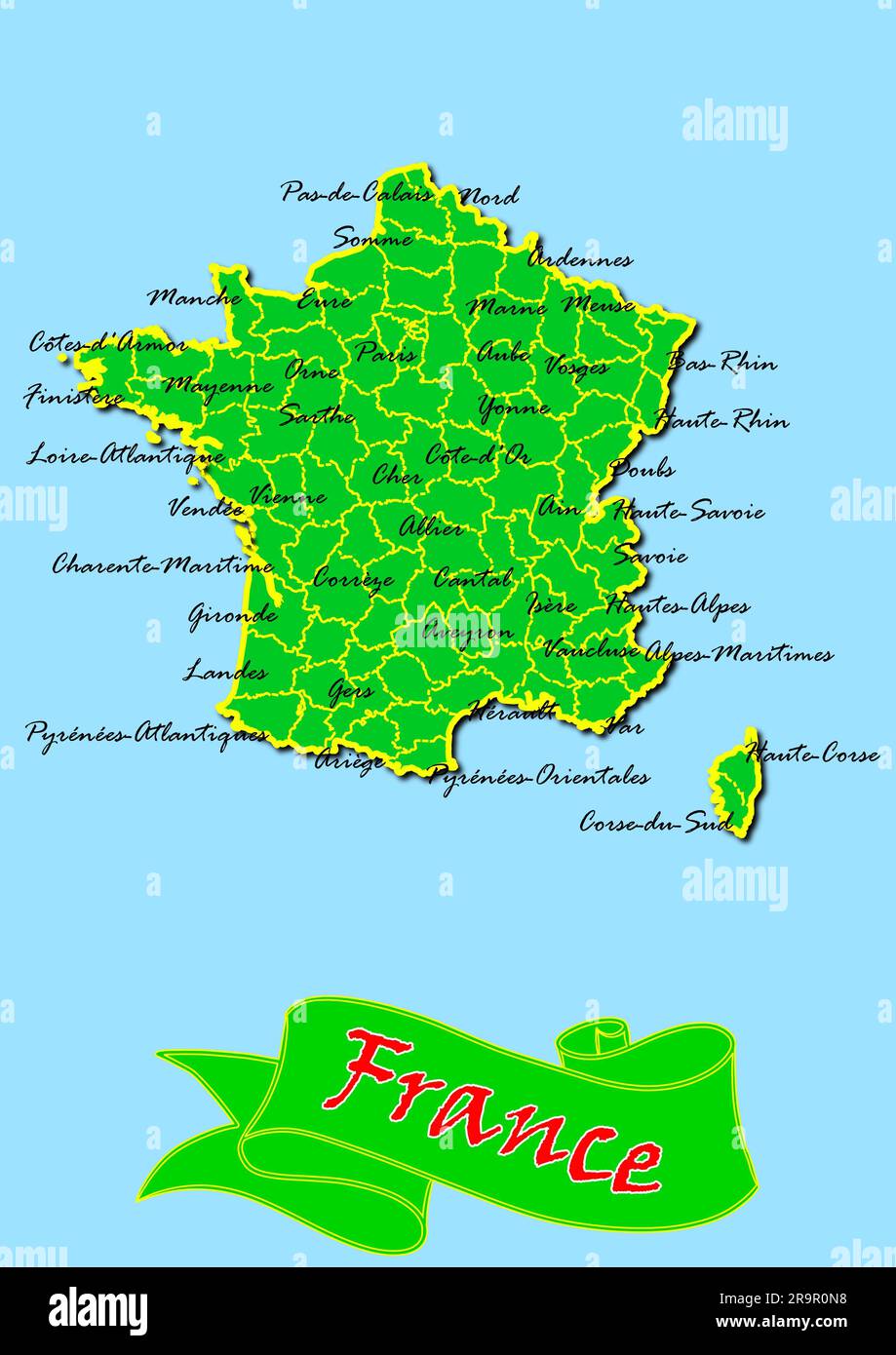 Carte de France avec sous-régions en Vert Nom du pays en Rouge Banque D'Images