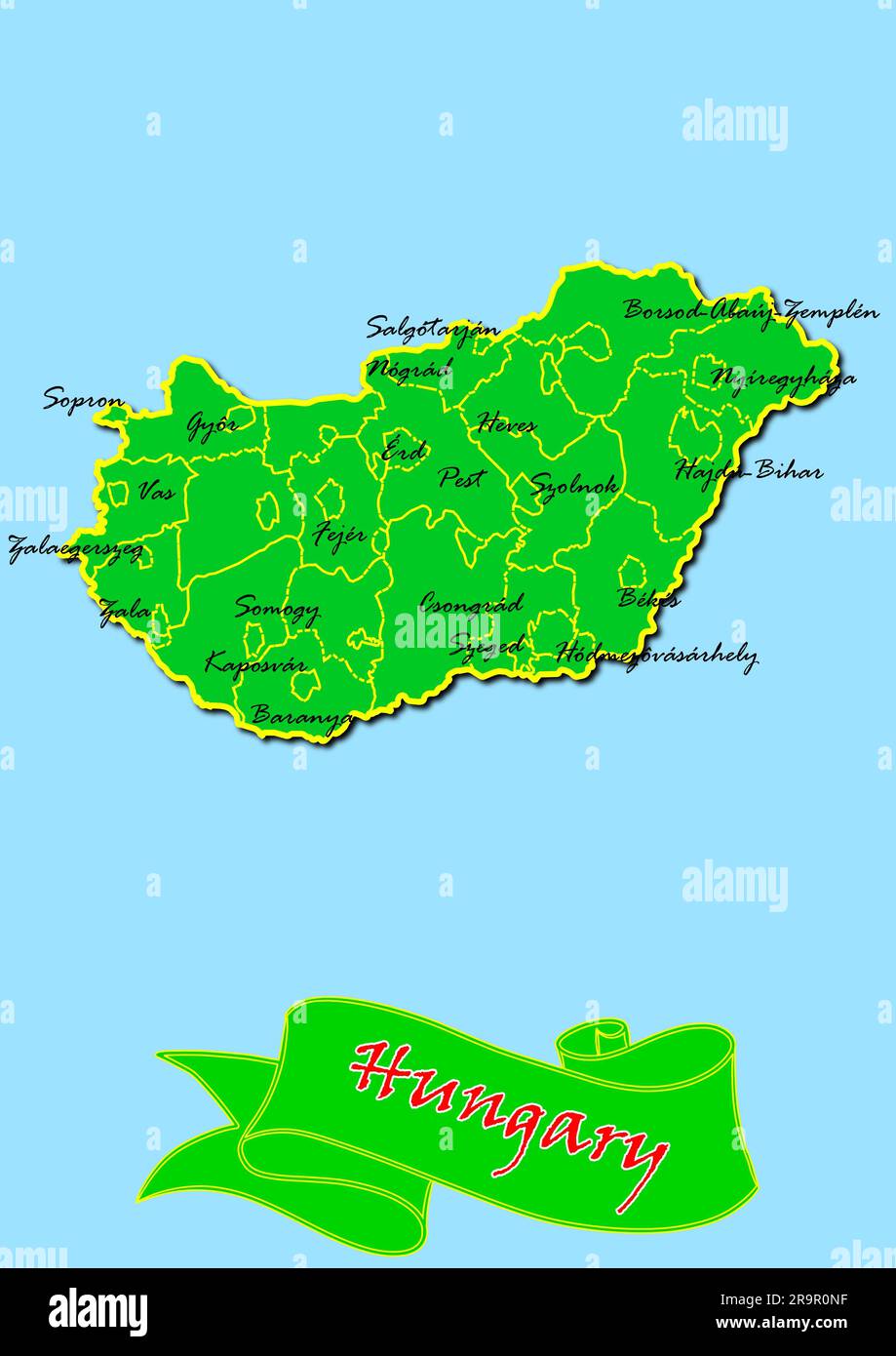 Carte de la Hongrie avec sous-régions en vert Nom du pays en rouge Banque D'Images