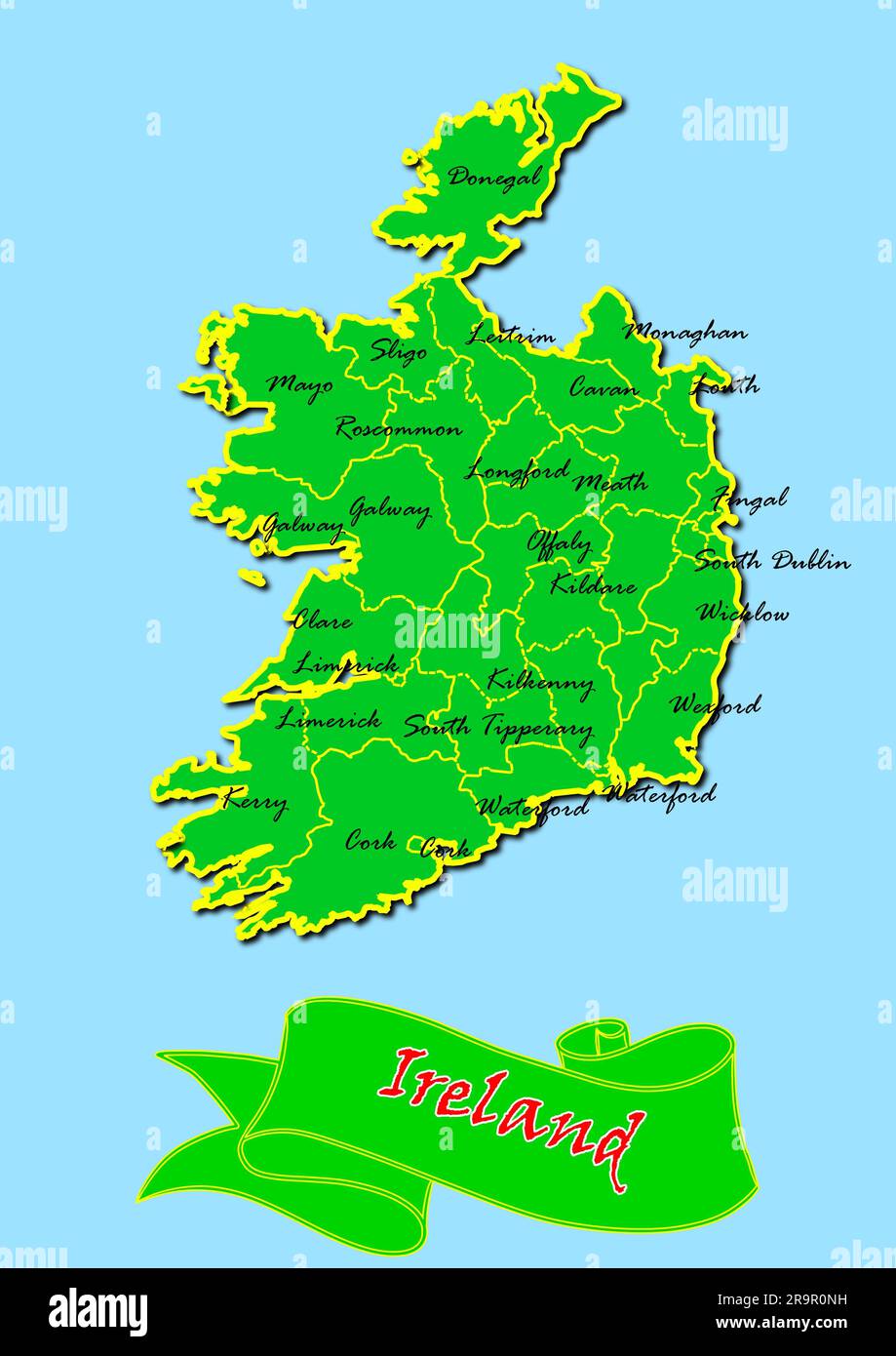 Carte de l'Irlande avec sous-régions en vert Nom du pays en rouge Banque D'Images