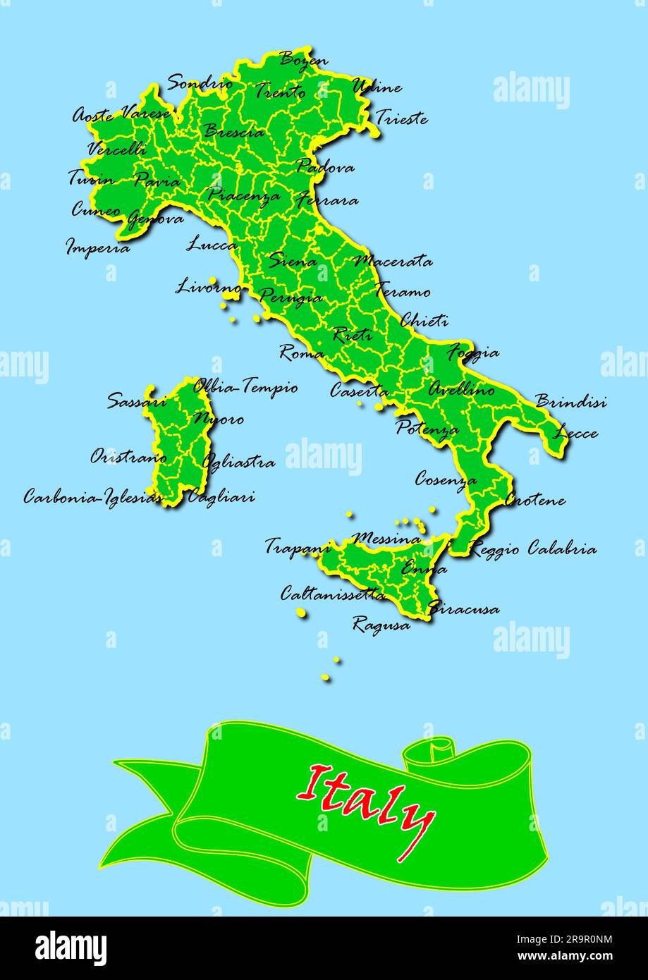 Carte de l'Italie avec sous-régions en vert Nom du pays en rouge Banque D'Images