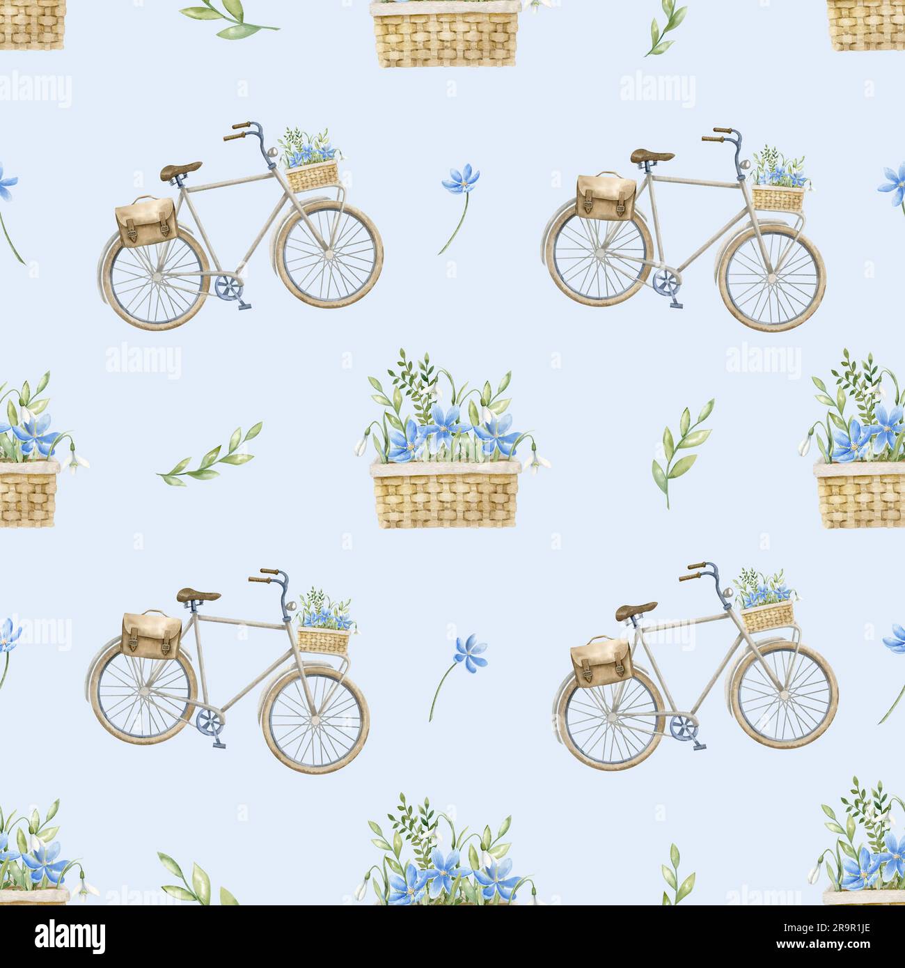 Motif sans couture avec ancien vélo de ville rétro et fleurs aquarelle isolées sur fond bleu pastel. Illustration dessinée à la main avec cycle urbain et plantes vertes pour l'emballage du papier ou de la conception textile. Banque D'Images