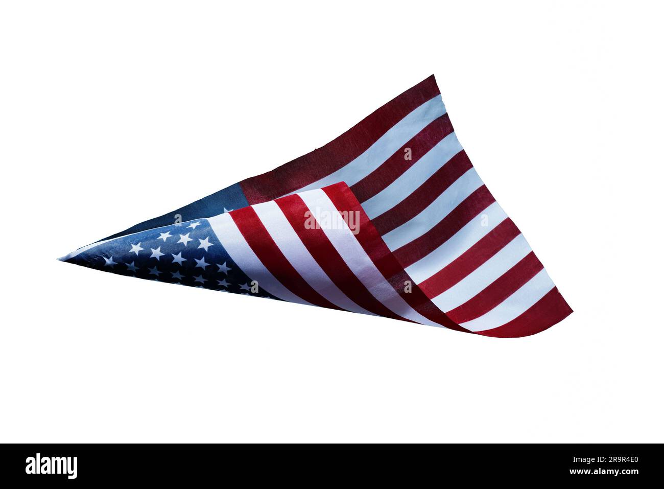 Un drapeau des États-Unis volant sur l'air, sur fond blanc Banque D'Images