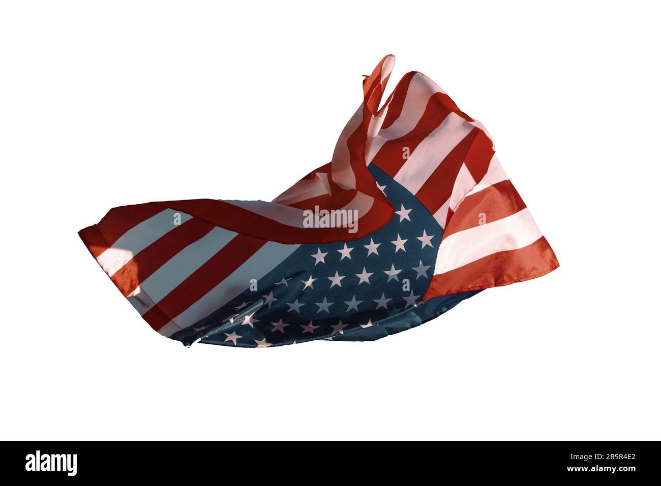 un drapeau américain volant sur l'air, sur un fond blanc Banque D'Images