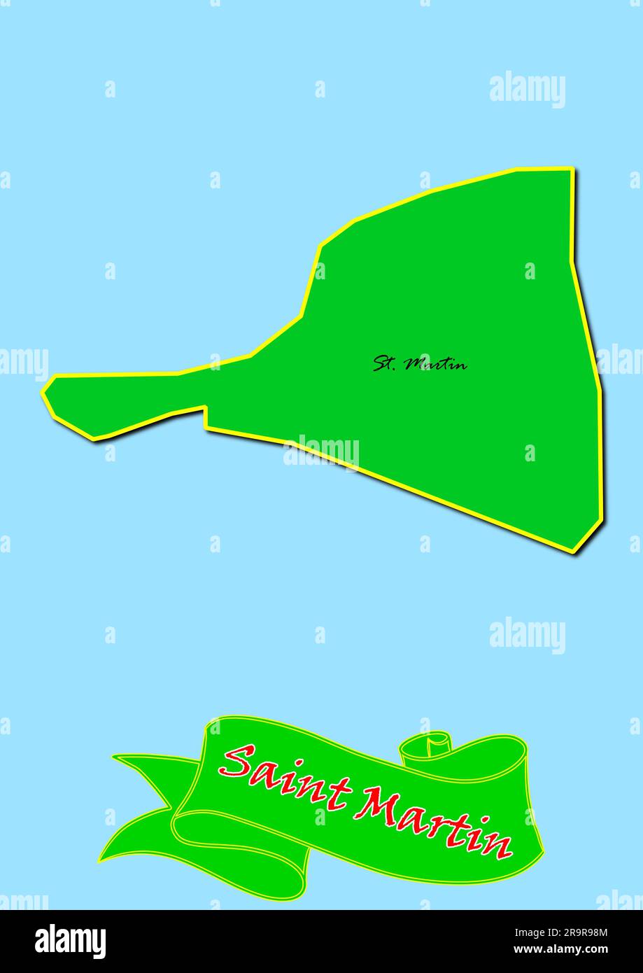 Carte de Saint Martin avec sous-régions en Vert Nom de pays en Rouge Banque D'Images