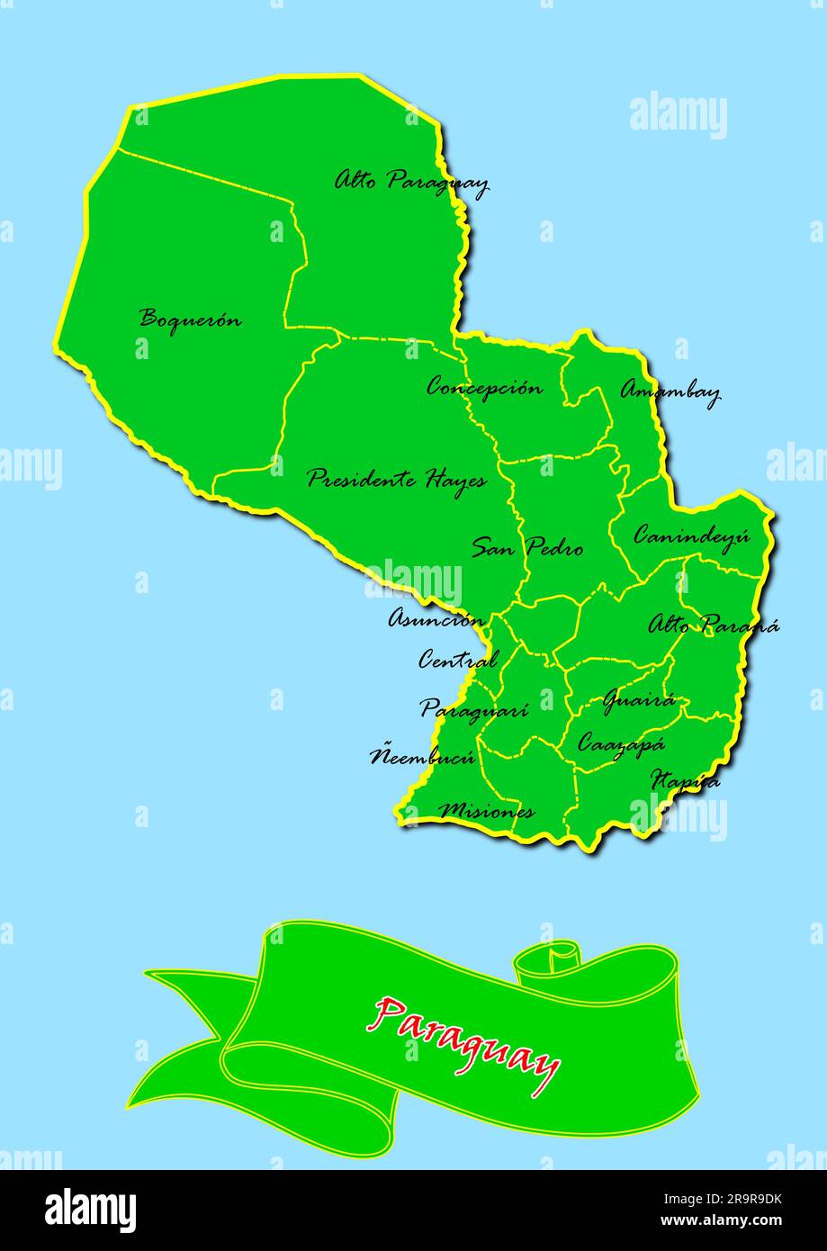 Carte du Paraguay avec sous-régions en vert Nom du pays en rouge Banque D'Images