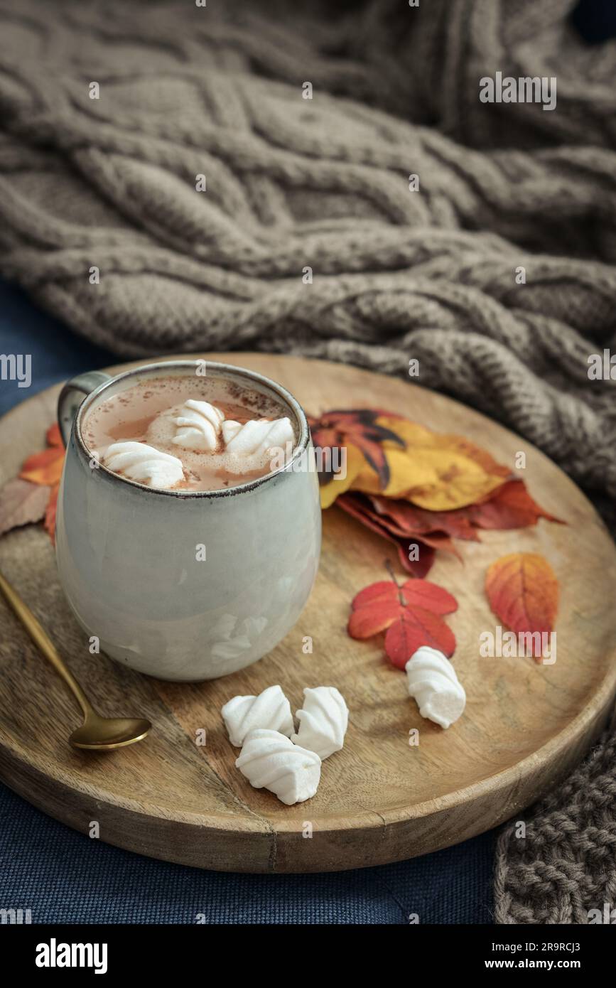 Tasse de délicieux cacao chaud avec guimauve et feuilles colorées d'automne sur plateau rond en bois Banque D'Images