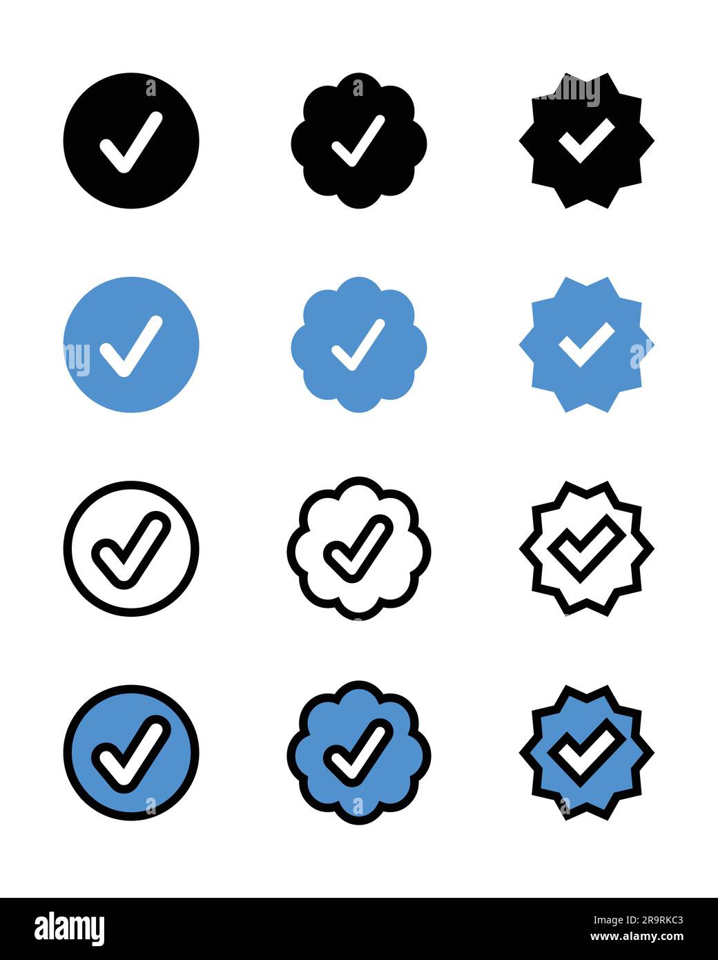 médias sociaux avec icône vérifiée, coche bleue, vecteur d'icône de compte de vérification instagram, coche bleue, noir sur fond blanc Illustration de Vecteur