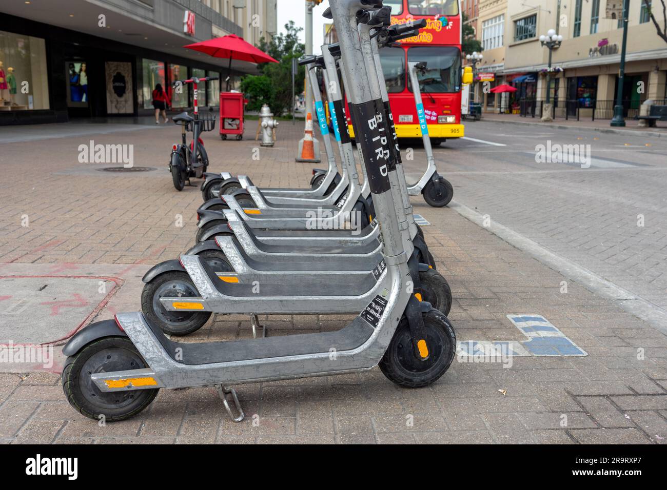 San Antonio, Texas, États-Unis – 8 mai 2023 : une rangée de scooters électriques Bird se trouvent sur un trottoir dans le centre-ville de San Antonio, Texas. Banque D'Images
